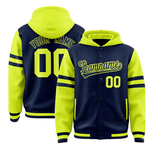 Custom Navy Fluorescent Green Raglan Sleeves Varsity Full-Snap Letterman Three Stripes Hoodie Jacket