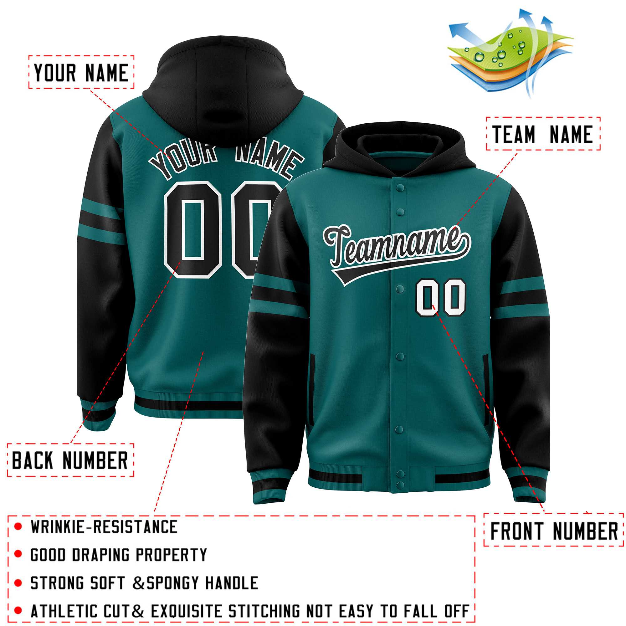 Custom Aqua Black Raglan Sleeves Varsity Full-Snap Letterman Three Stripes Hoodie Jacket