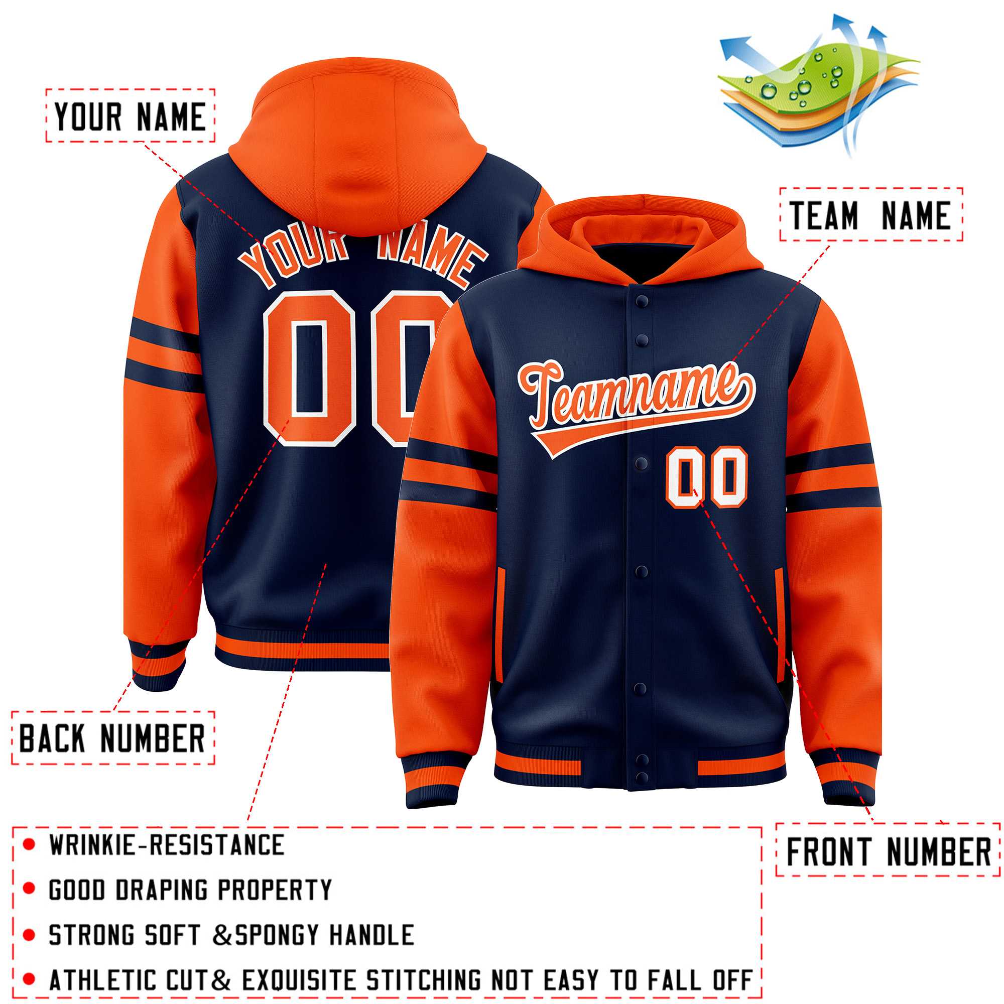 Custom Navy Orange Raglan Sleeves Varsity Full-Snap Letterman Three Stripes Hoodie Jacket