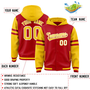 Custom Red Gold Raglan Sleeves Varsity Full-Snap Letterman Three Stripes Hoodie Jacket