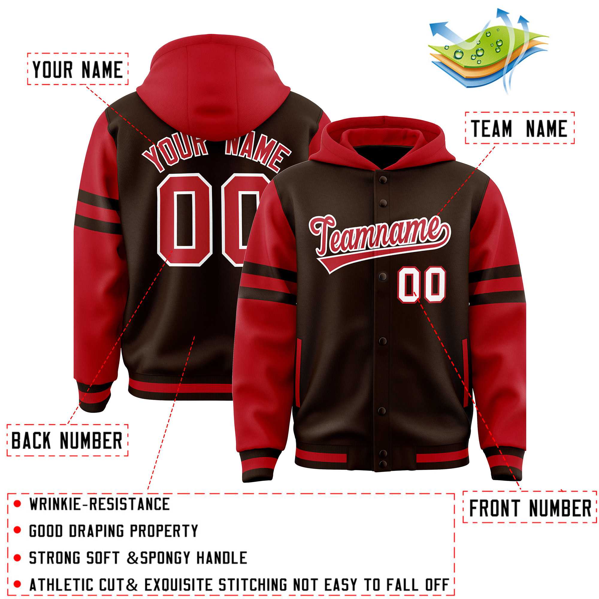 Custom Brown Red Raglan Sleeves Varsity Full-Snap Letterman Three Stripes Hoodie Jacket