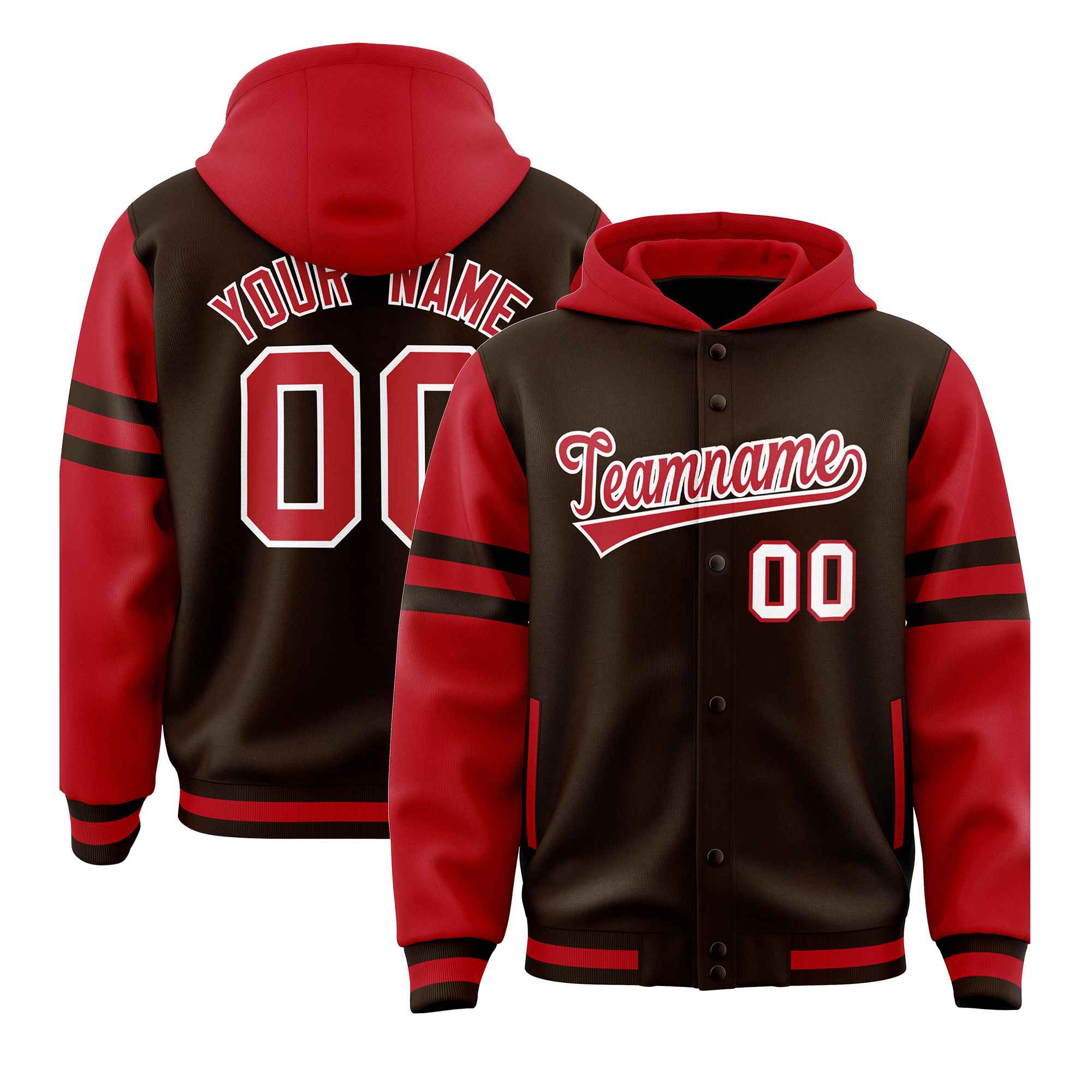 Custom Brown Red Raglan Sleeves Varsity Full-Snap Letterman Three Stripes Hoodie Jacket