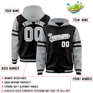 Custom Black Silver Raglan Sleeves Varsity Full-Snap Letterman Three Stripes Hoodie Jacket