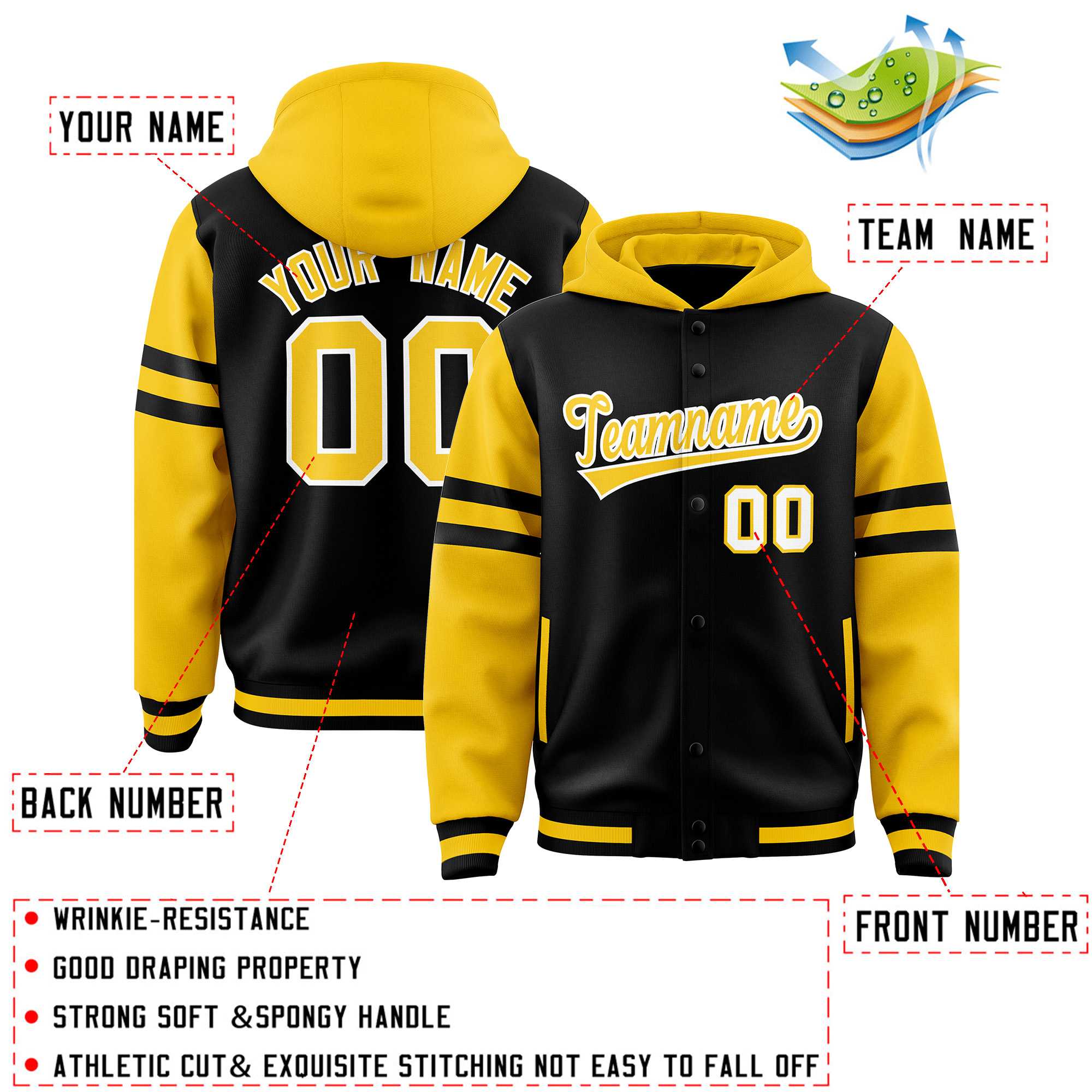 Custom Black Gold Raglan Sleeves Varsity Full-Snap Letterman Three Stripes Hoodie Jacket