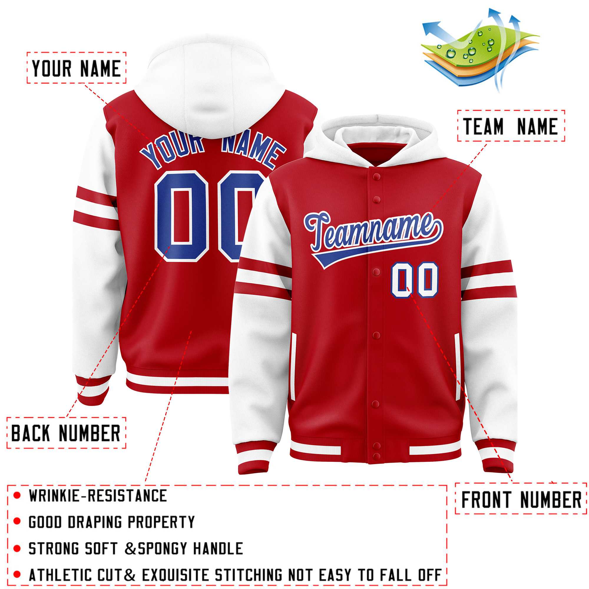 Custom Red White Raglan Sleeves Varsity Full-Snap Letterman Three Stripes Hoodie Jacket