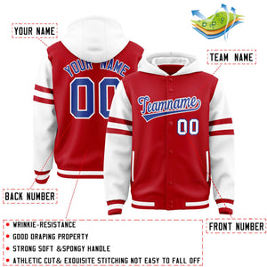 Custom Red White Raglan Sleeves Varsity Full-Snap Letterman Three Stripes Hoodie Jacket