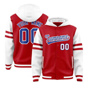 Custom Red White Raglan Sleeves Varsity Full-Snap Letterman Three Stripes Hoodie Jacket