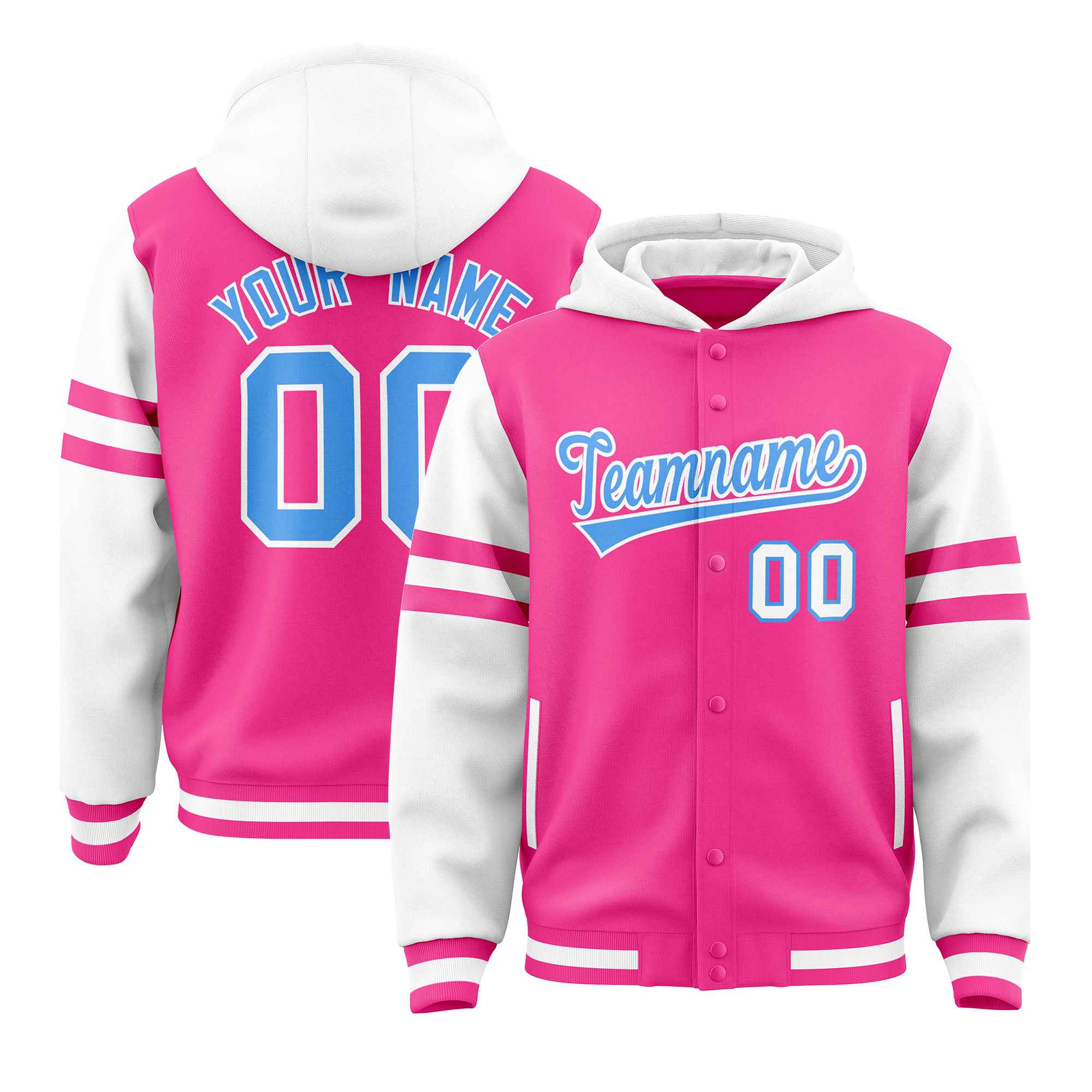 Custom Pink White Raglan Sleeves Varsity Full-Snap Letterman Three Stripes Hoodie Jacket