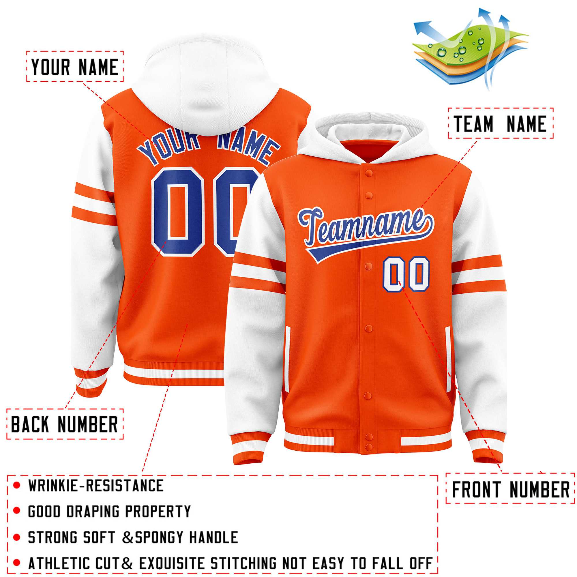 Custom Orange White Raglan Sleeves Varsity Full-Snap Letterman Three Stripes Hoodie Jacket