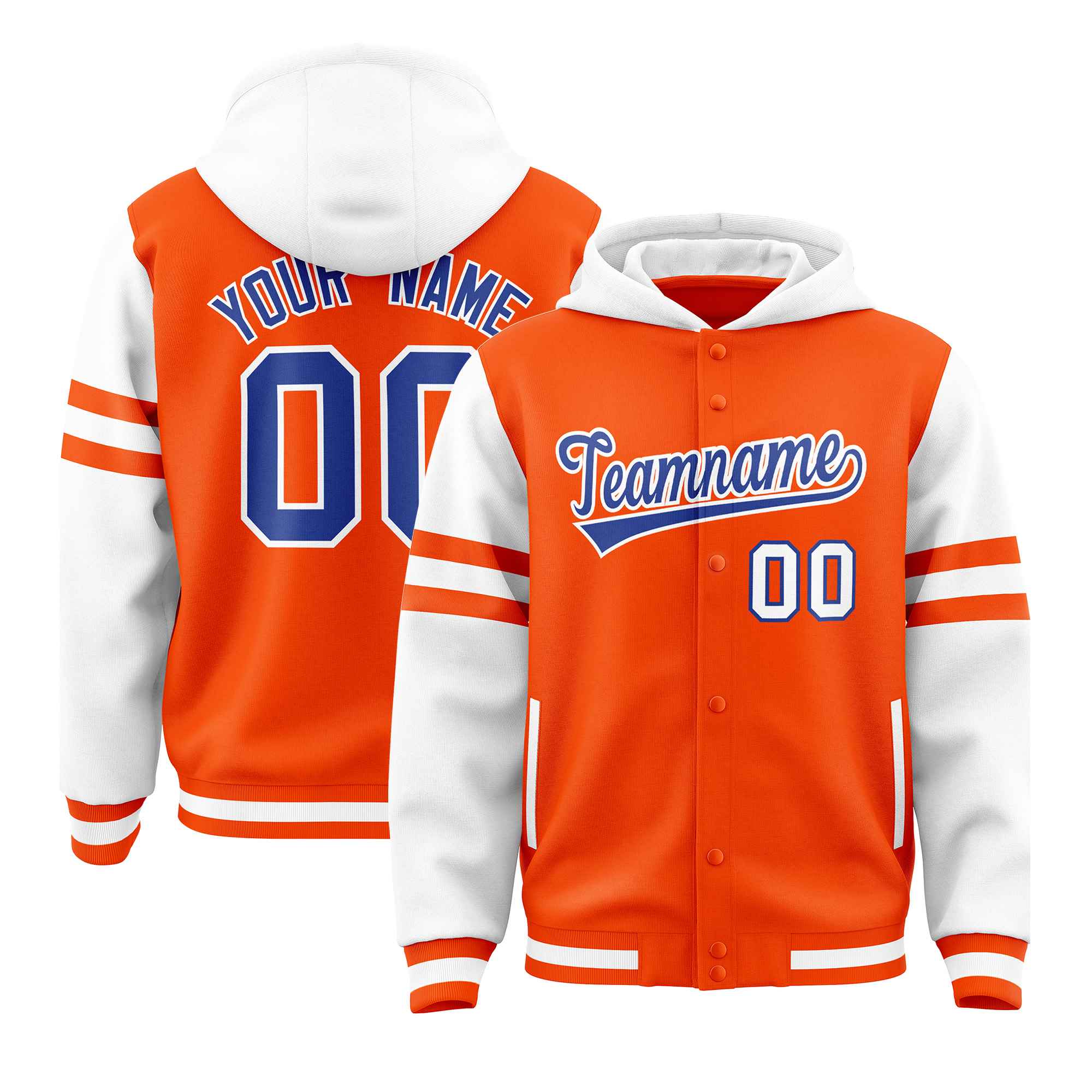 Custom Orange White Raglan Sleeves Varsity Full-Snap Letterman Three Stripes Hoodie Jacket