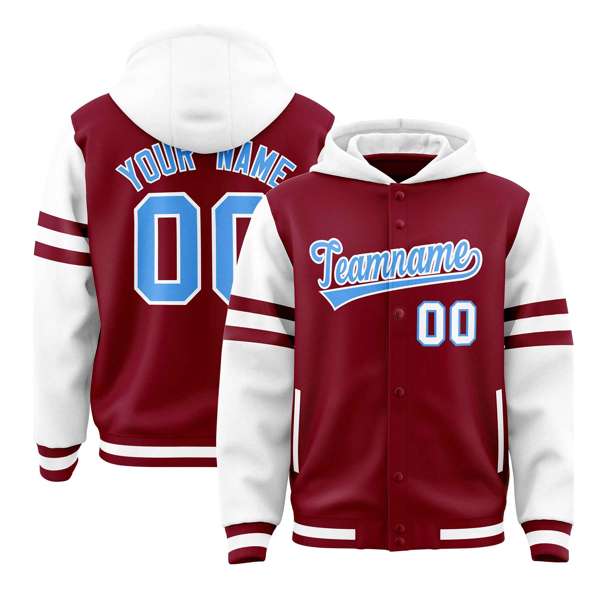 Custom Crimson White Raglan Sleeves Varsity Full-Snap Letterman Three Stripes Hoodie Jacket