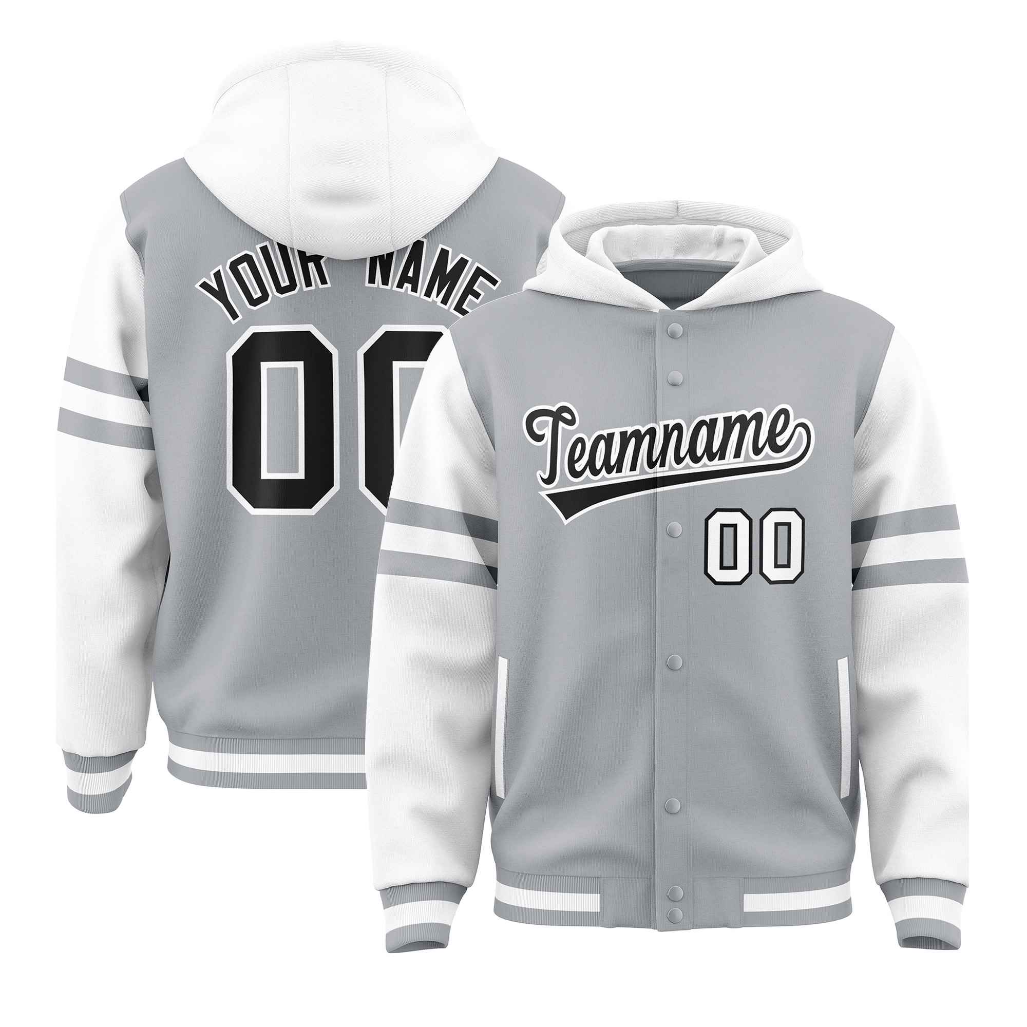 Custom Silver White Raglan Sleeves Varsity Full-Snap Letterman Three Stripes Hoodie Jacket