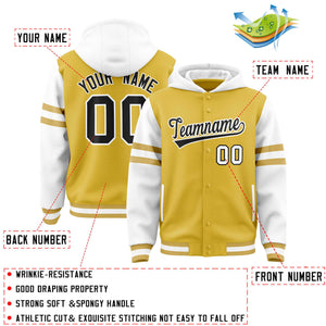 Custom Old Gold White Raglan Sleeves Varsity Full-Snap Letterman Three Stripes Hoodie Jacket