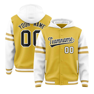 Custom Old Gold White Raglan Sleeves Varsity Full-Snap Letterman Three Stripes Hoodie Jacket