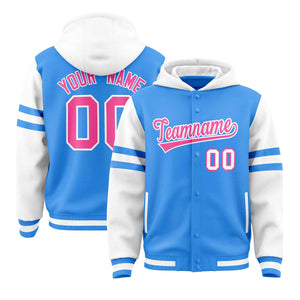 Custom Powder Blue White Raglan Sleeves Varsity Full-Snap Letterman Three Stripes Hoodie Jacket