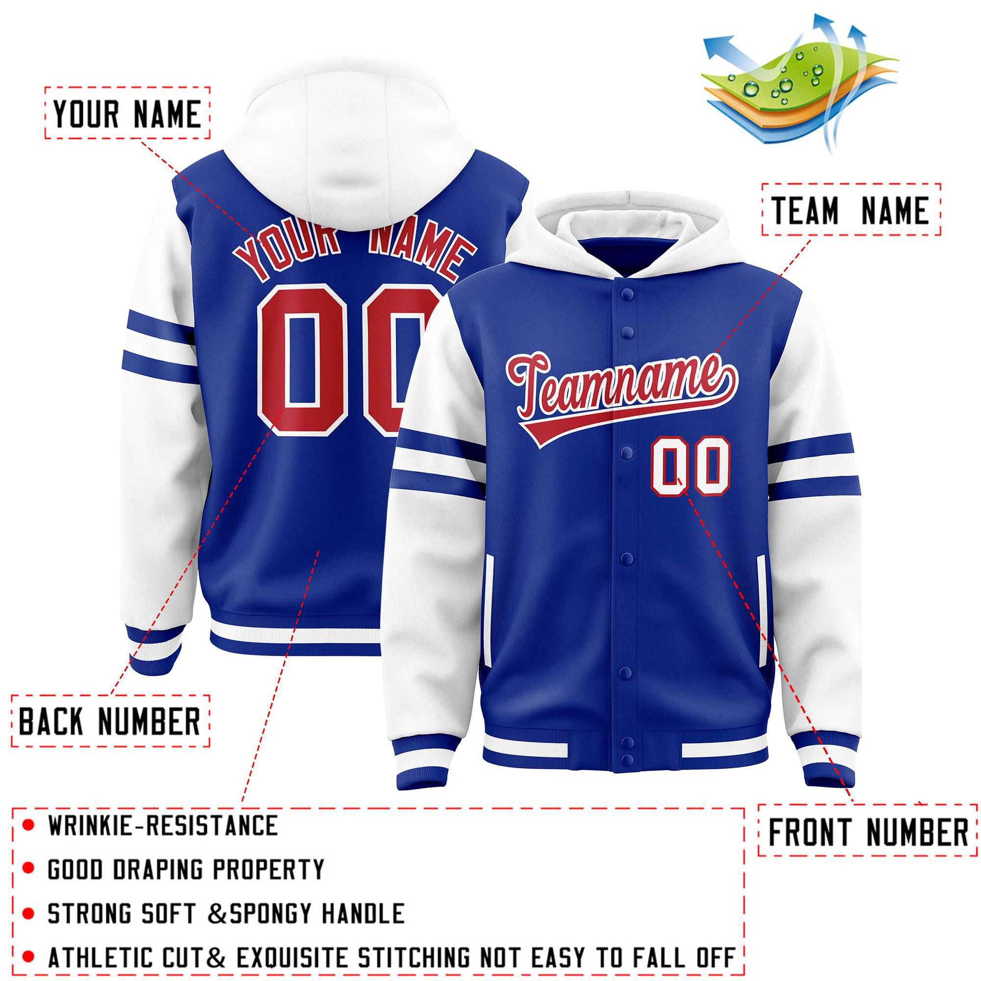 Custom Royal White Raglan Sleeves Varsity Full-Snap Letterman Three Stripes Hoodie Jacket