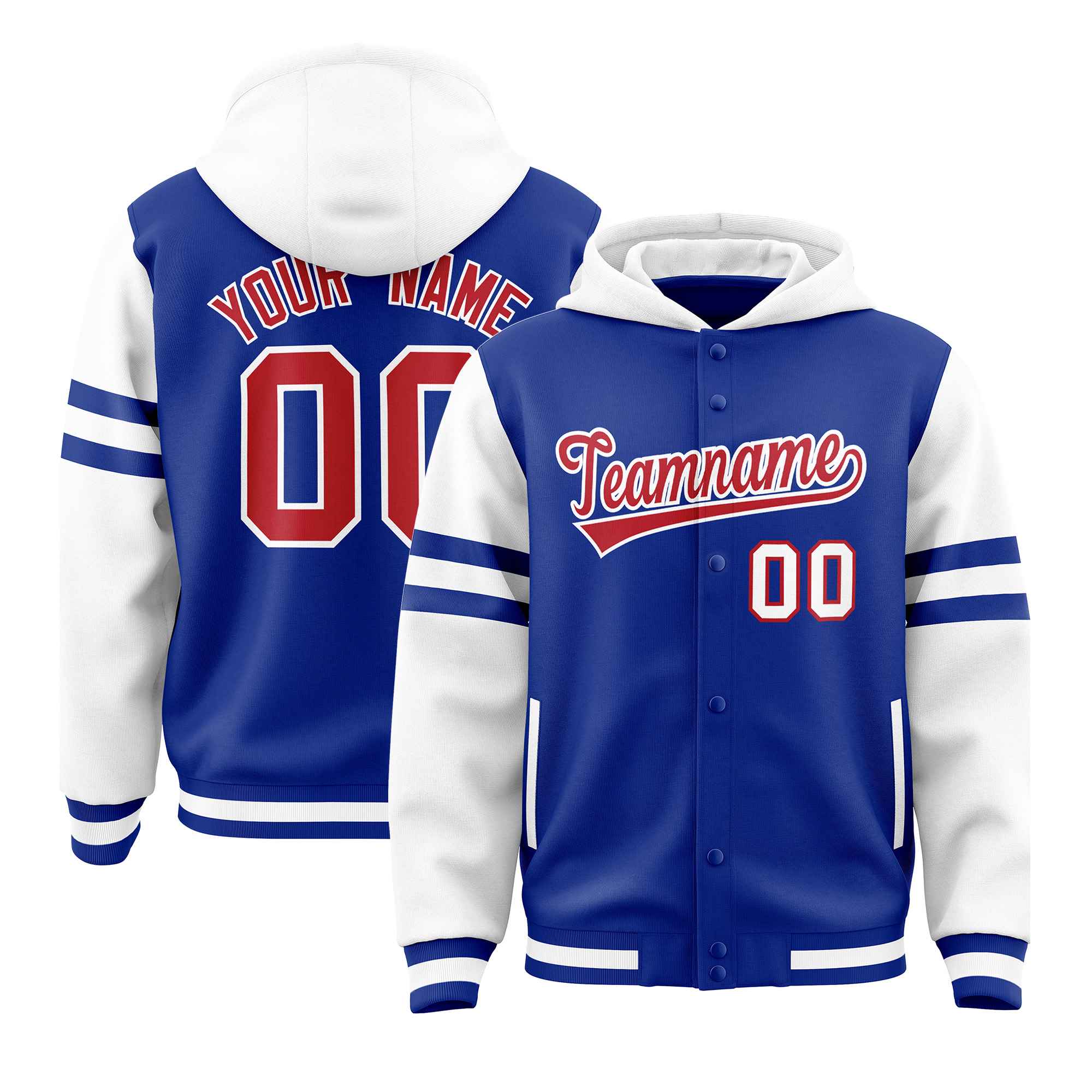 Custom Royal White Raglan Sleeves Varsity Full-Snap Letterman Three Stripes Hoodie Jacket