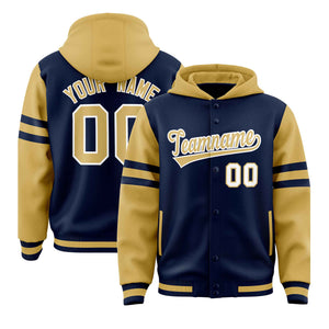 Custom Navy Old Gold Raglan Sleeves Varsity Full-Snap Letterman Three Stripes Hoodie Jacket