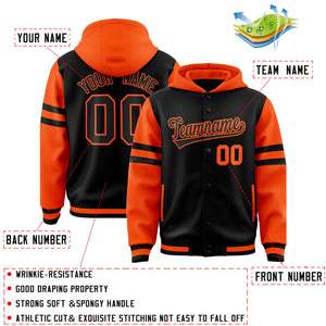 Custom Black Orange Raglan Sleeves Varsity Full-Snap Letterman Three Stripes Hoodie Jacket