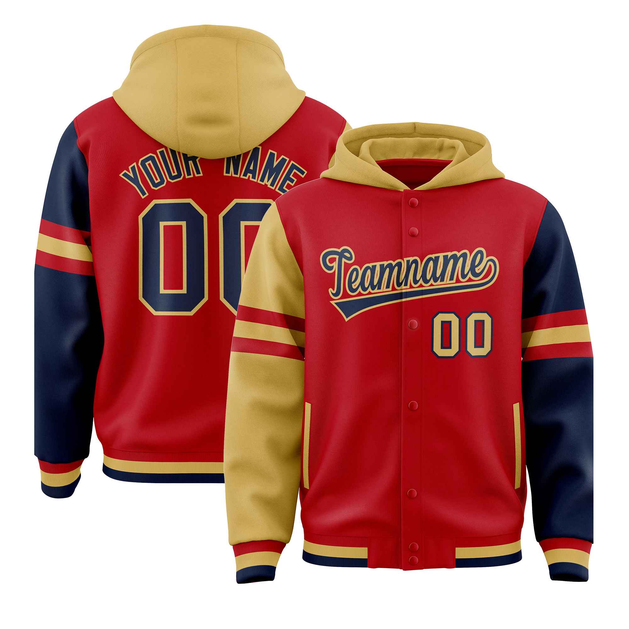 Custom Red Old Gold-Navy Raglan Sleeves Varsity Full-Snap Letterman Three Stripes Hoodie Jacket