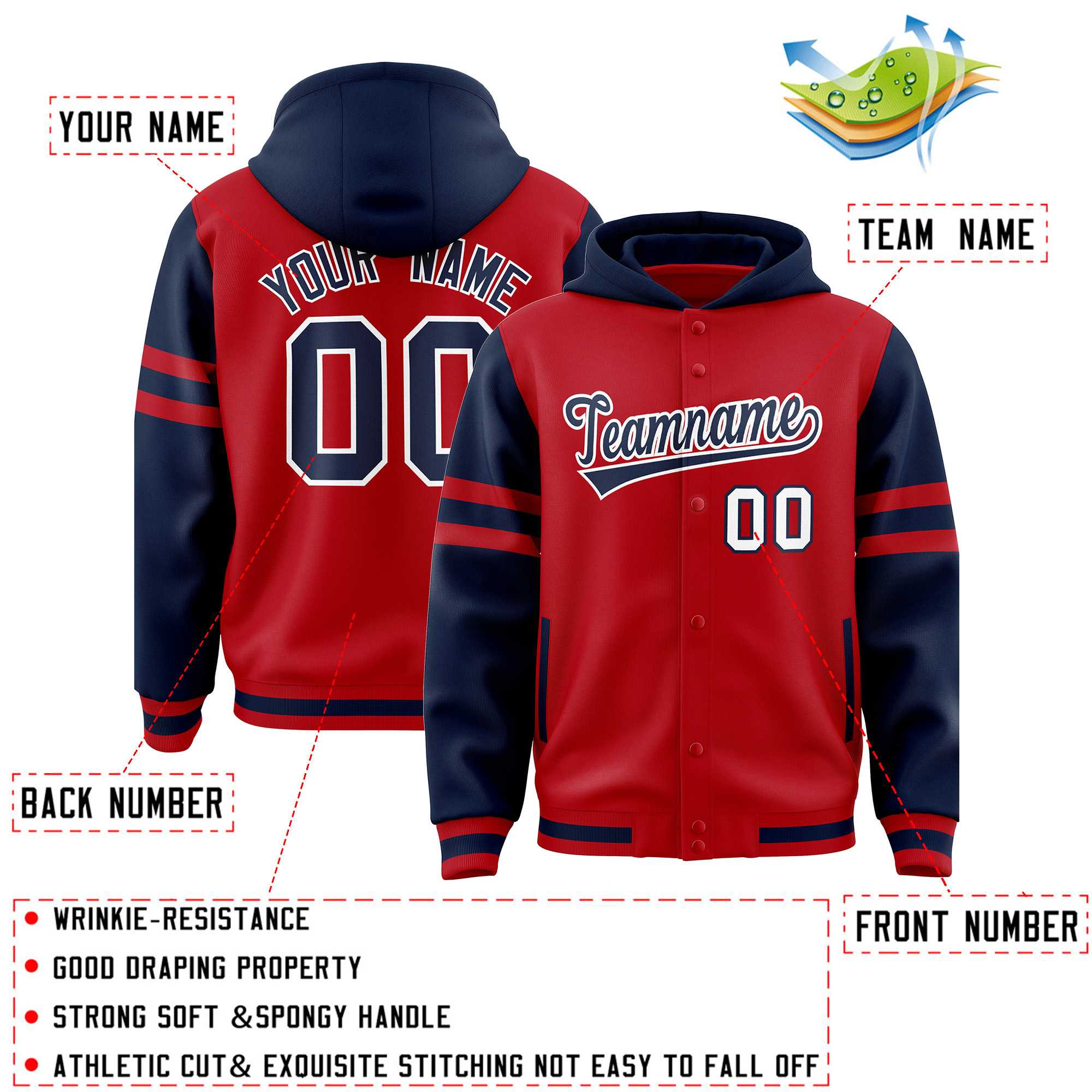 Custom Red Navy Raglan Sleeves Varsity Full-Snap Letterman Three Stripes Hoodie Jacket