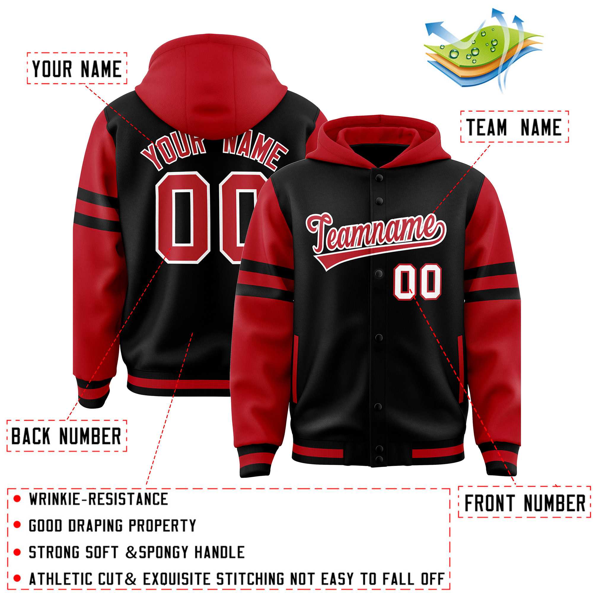 Custom Black Red Raglan Sleeves Varsity Full-Snap Letterman Three Stripes Hoodie Jacket