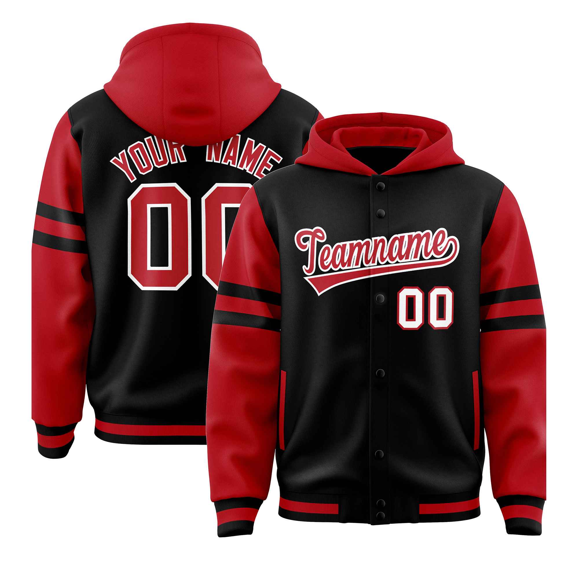 Custom Black Red Raglan Sleeves Varsity Full-Snap Letterman Three Stripes Hoodie Jacket