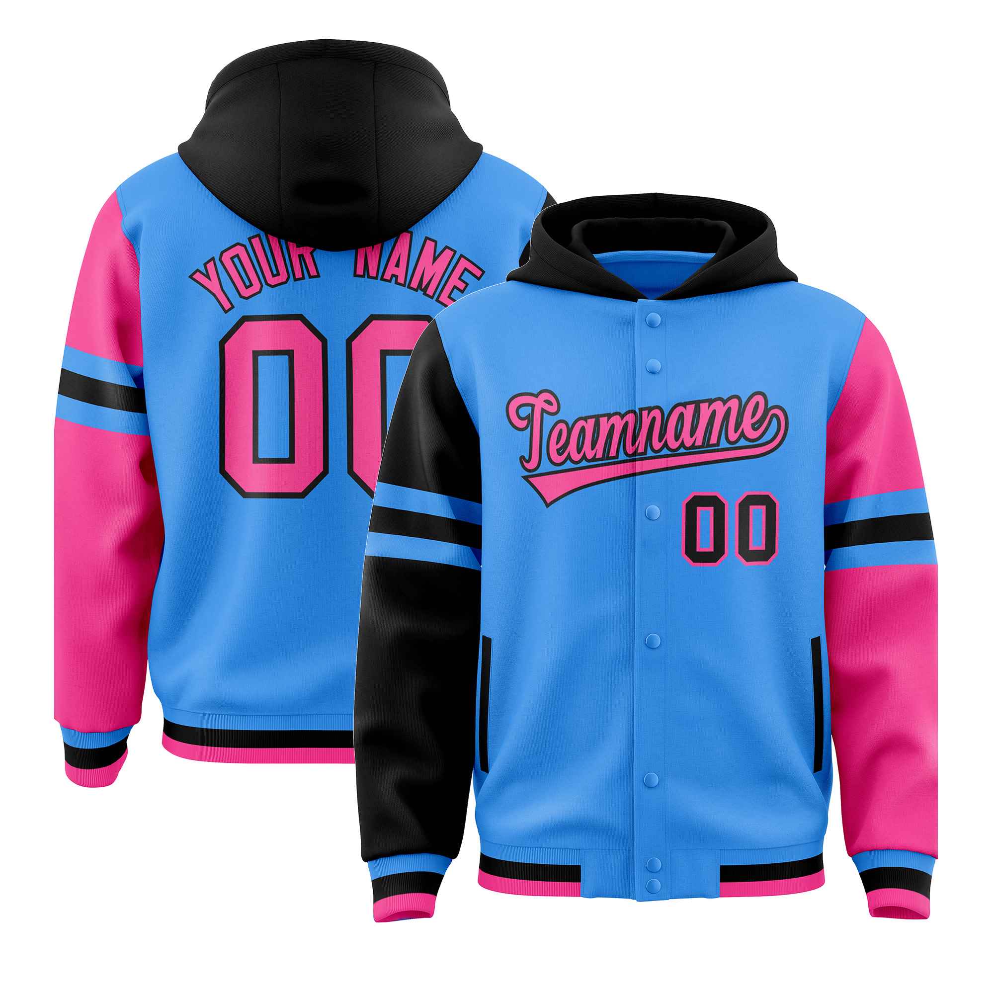 Custom Powder Blue Black-Pink Raglan Sleeves Varsity Full-Snap Letterman Three Stripes Hoodie Jacket