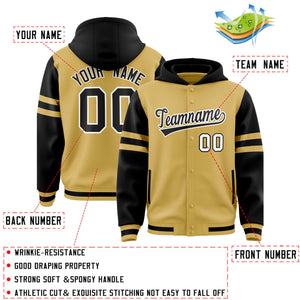 Custom Old Gold Black Raglan Sleeves Varsity Full-Snap Letterman Three Stripes Hoodie Jacket