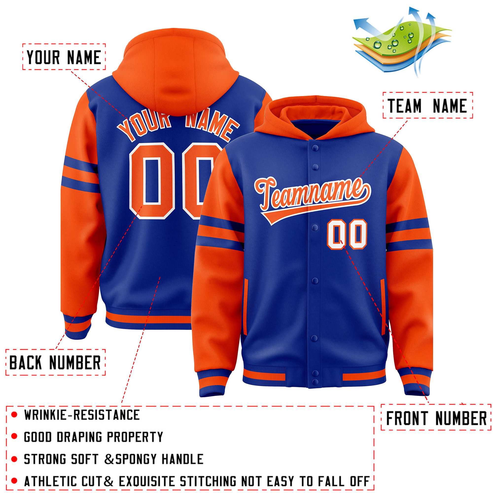 Custom Royal Orange Raglan Sleeves Varsity Full-Snap Letterman Three Stripes Hoodie Jacket