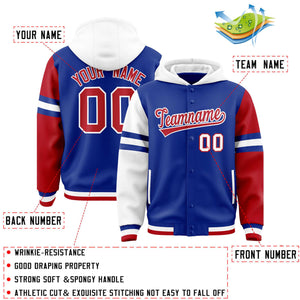 Custom Royal White-Red Raglan Sleeves Varsity Full-Snap Letterman Three Stripes Hoodie Jacket