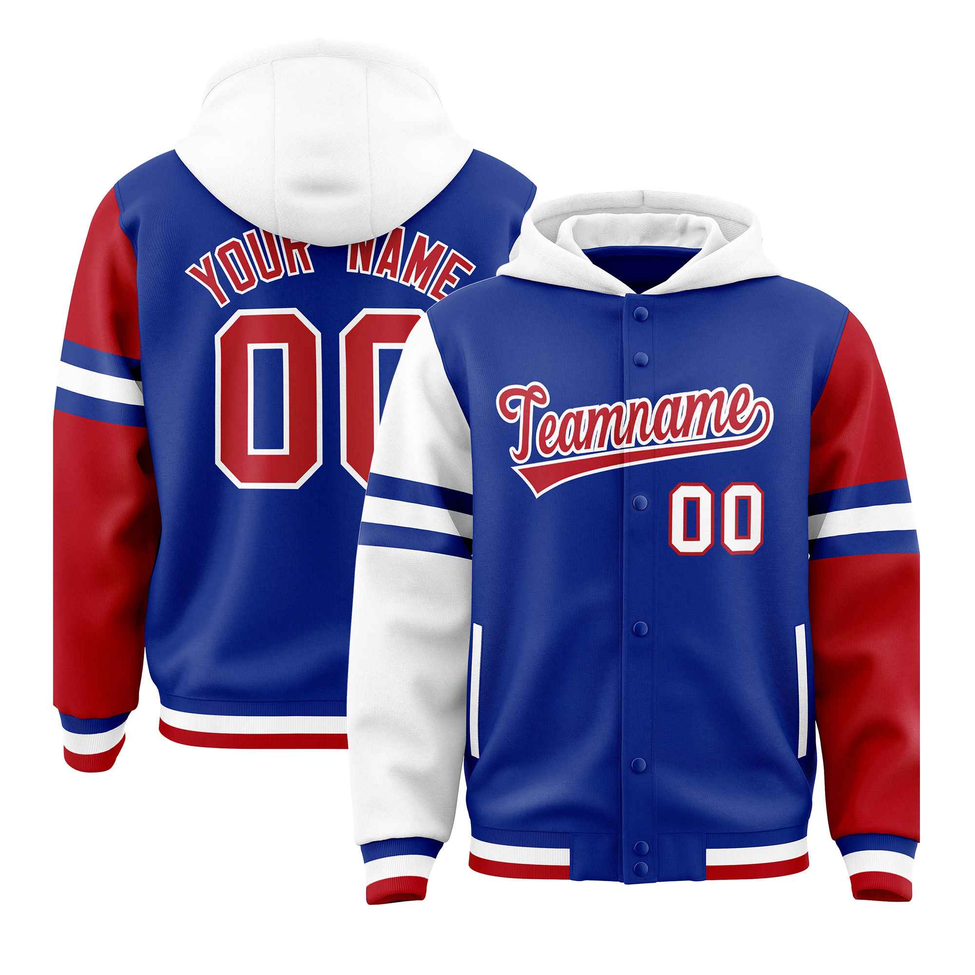 Custom Royal White-Red Raglan Sleeves Varsity Full-Snap Letterman Three Stripes Hoodie Jacket