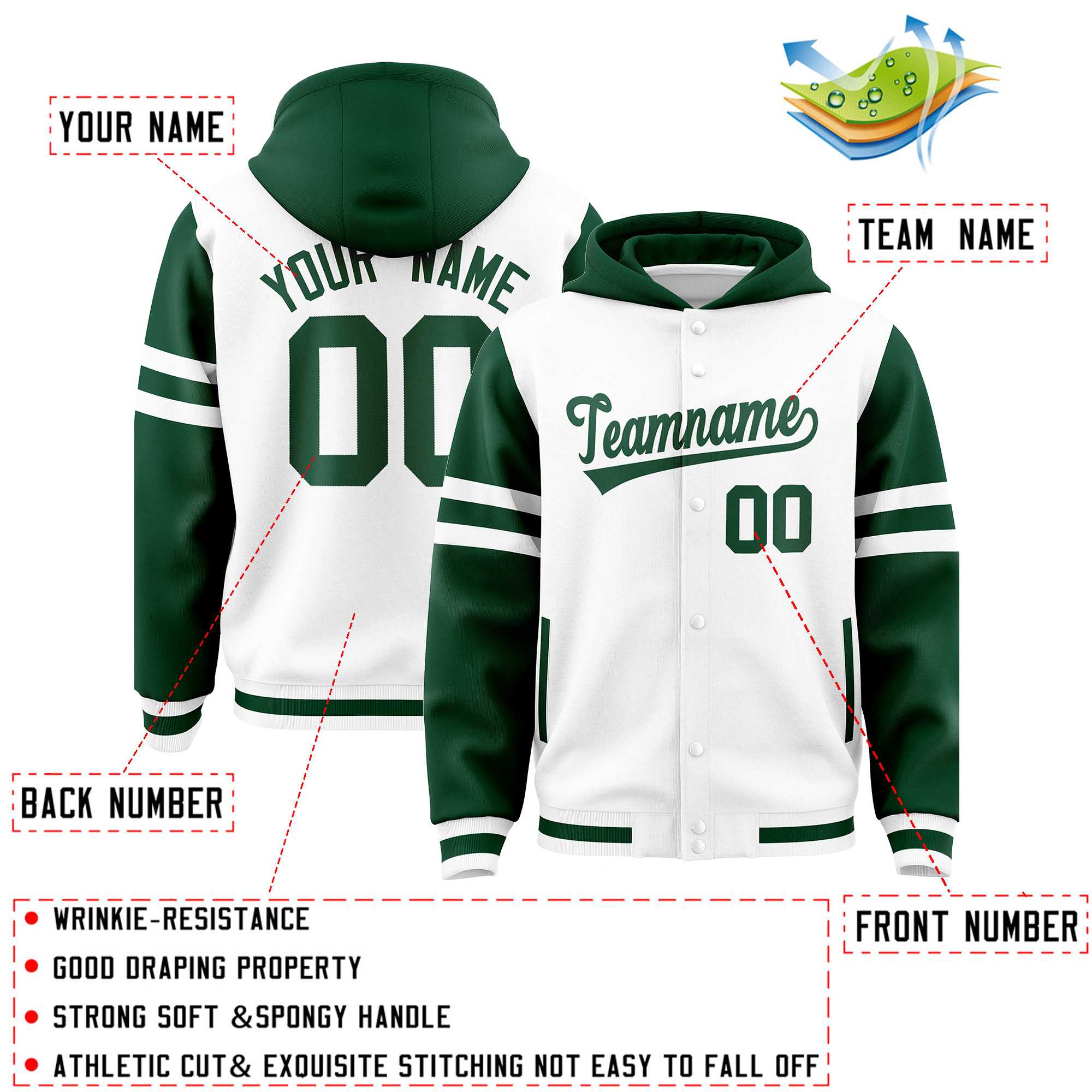 Custom White Green Raglan Sleeves Varsity Full-Snap Letterman Three Stripes Hoodie Jacket