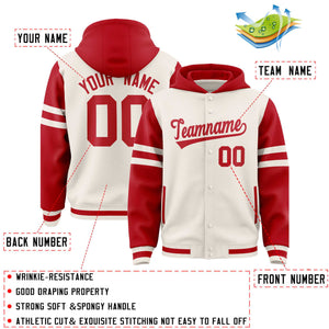 Custom Cream Red Raglan Sleeves Varsity Full-Snap Letterman Three Stripes Hoodie Jacket