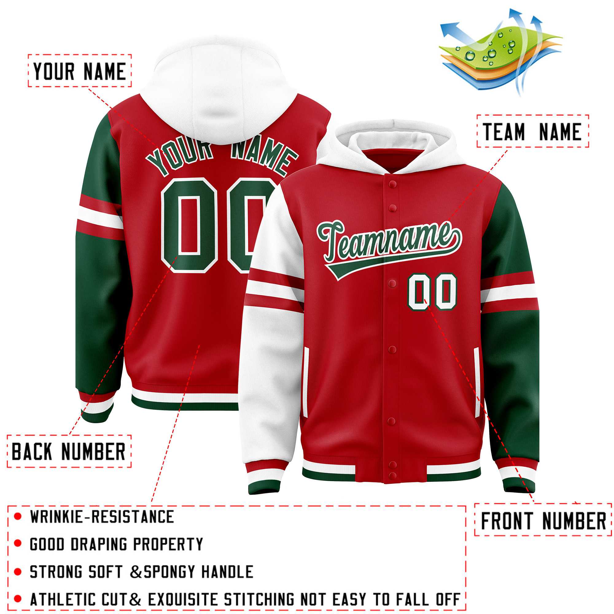 Custom Red White-Green Raglan Sleeves Varsity Full-Snap Letterman Three Stripes Hoodie Jacket