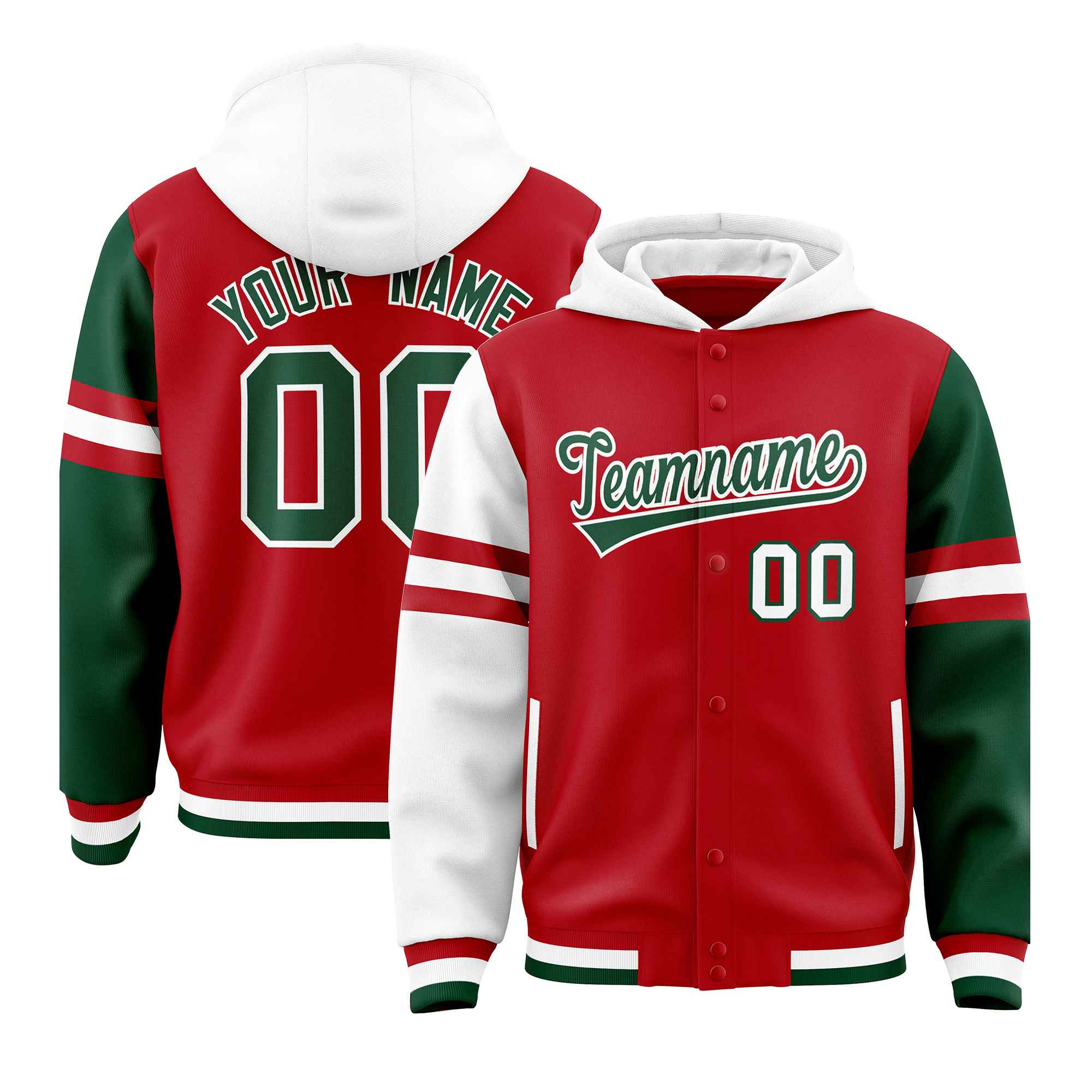 Custom Red White-Green Raglan Sleeves Varsity Full-Snap Letterman Three Stripes Hoodie Jacket