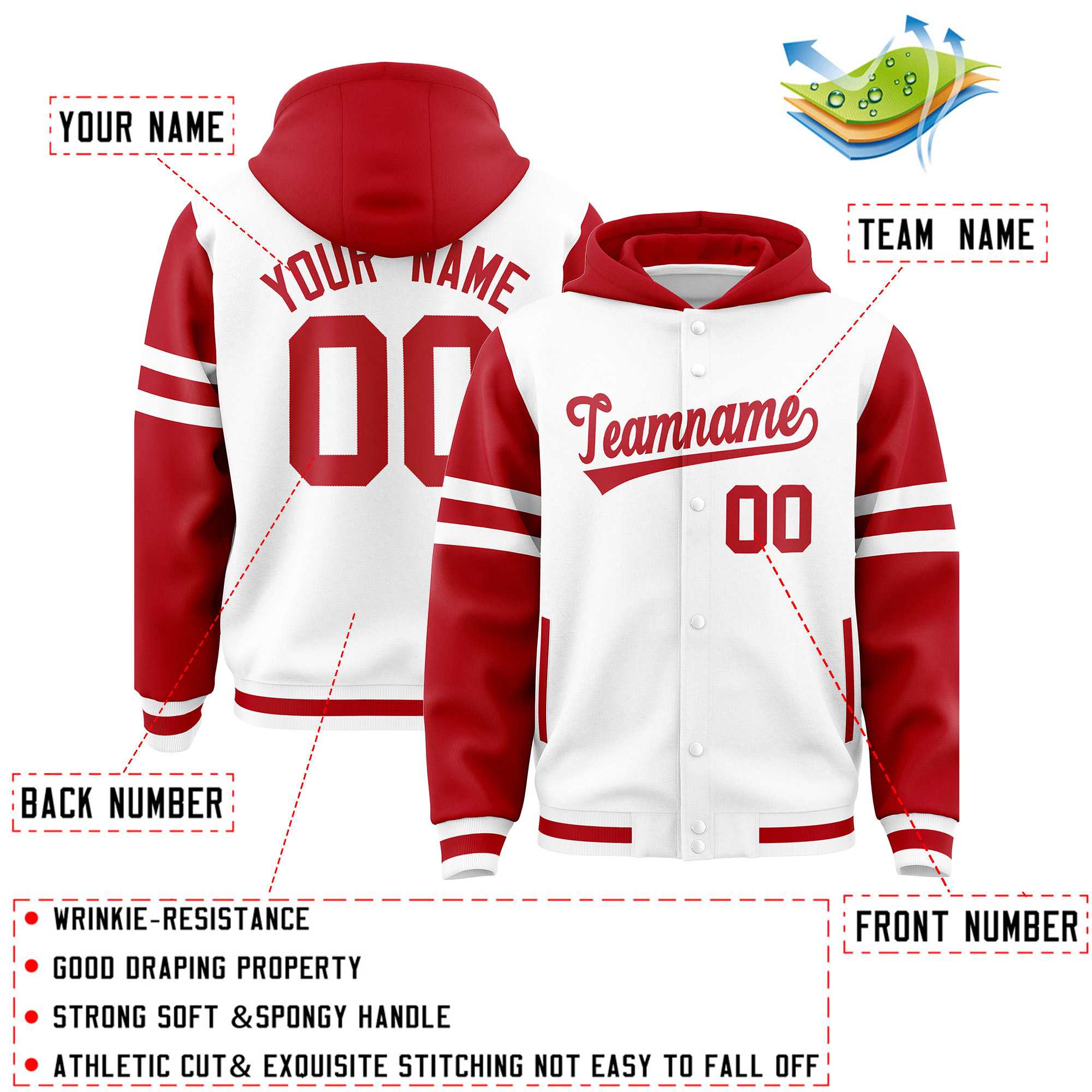 Custom White Red Raglan Sleeves Varsity Full-Snap Letterman Three Stripes Hoodie Jacket