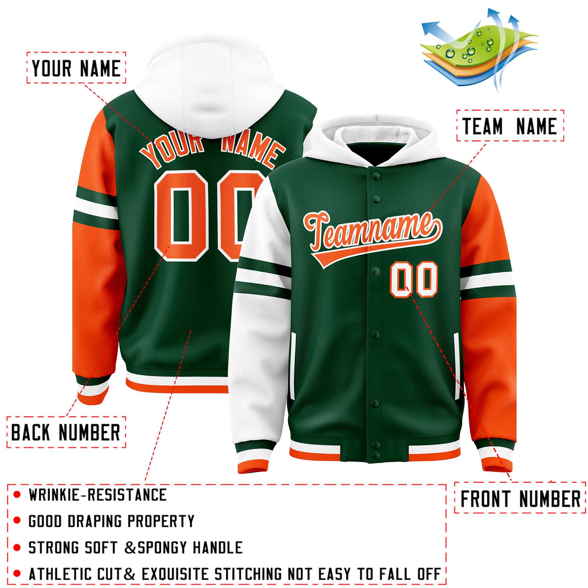 Custom Green White-Orange Raglan Sleeves Varsity Full-Snap Letterman Three Stripes Hoodie Jacket