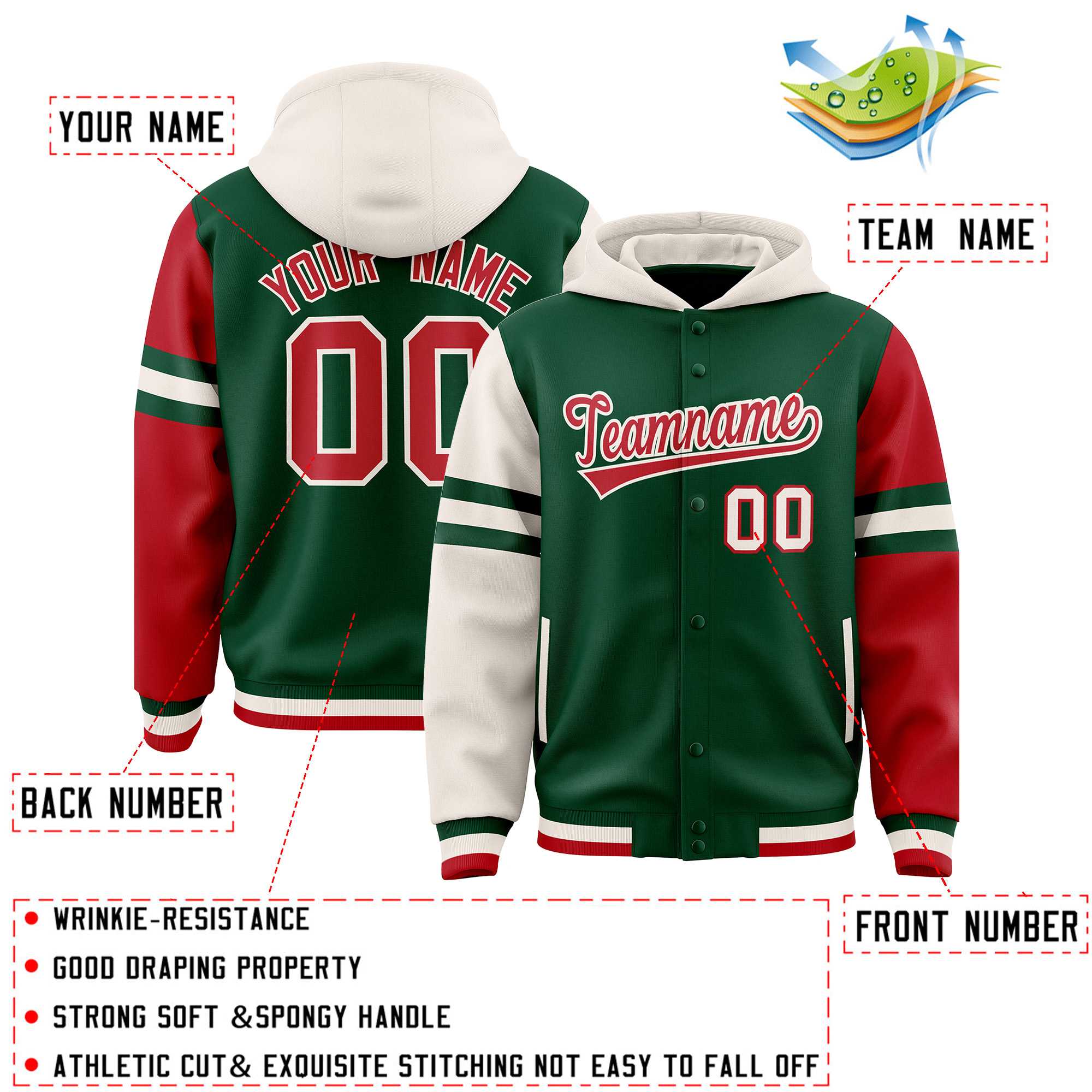 Custom Green Cream-Red Raglan Sleeves Varsity Full-Snap Letterman Three Stripes Hoodie Jacket