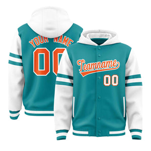 Custom Aqua White Raglan Sleeves Varsity Full-Snap Letterman Three Stripes Hoodie Jacket