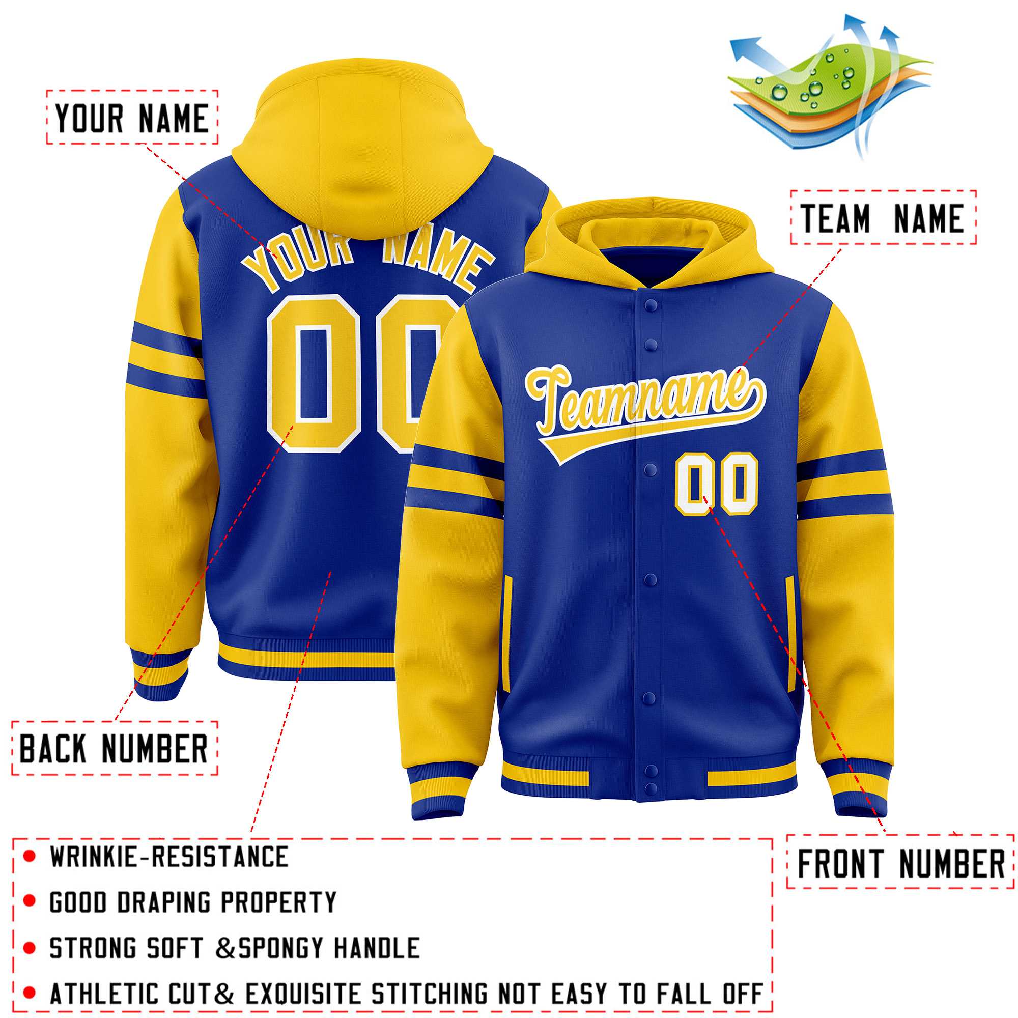 Custom Royal Gold Raglan Sleeves Varsity Full-Snap Letterman Three Stripes Hoodie Jacket