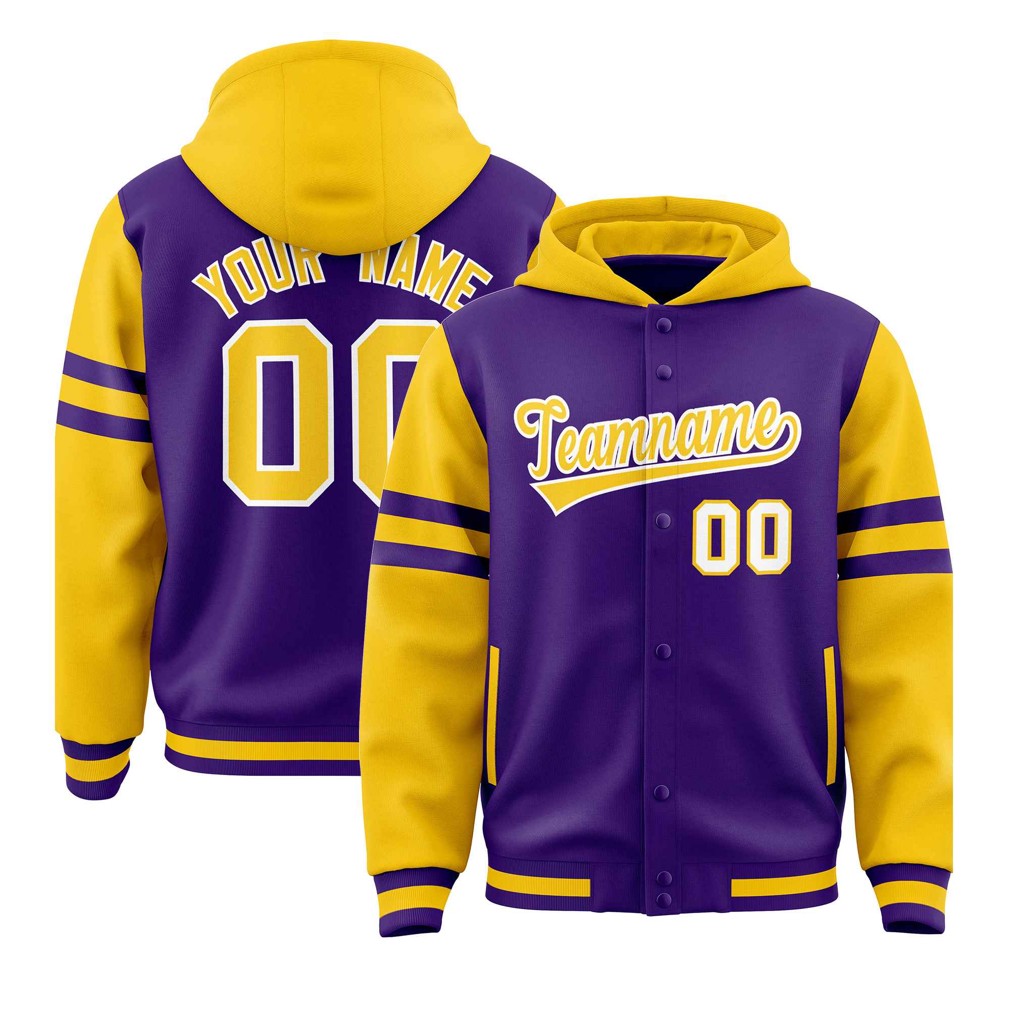 Custom Purple Gold Raglan Sleeves Varsity Full-Snap Letterman Three Stripes Hoodie Jacket