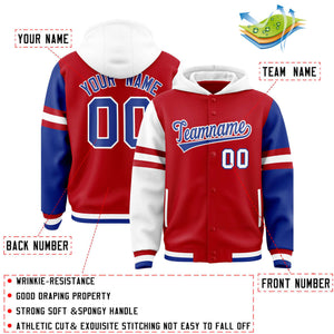 Custom Red White-Royal Raglan Sleeves Varsity Full-Snap Letterman Three Stripes Hoodie Jacket