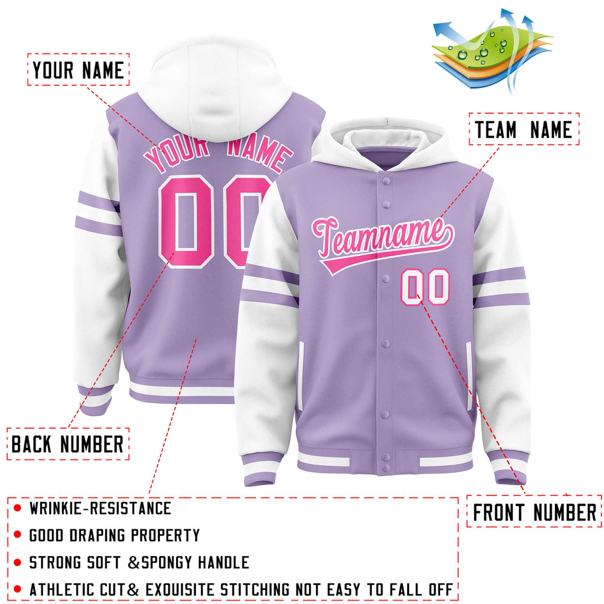 Custom Light Purple White Raglan Sleeves Varsity Full-Snap Letterman Three Stripes Hoodie Jacket