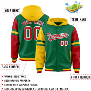 Custom Kelly Green Gold-Red Raglan Sleeves Varsity Full-Snap Letterman Three Stripes Hoodie Jacket