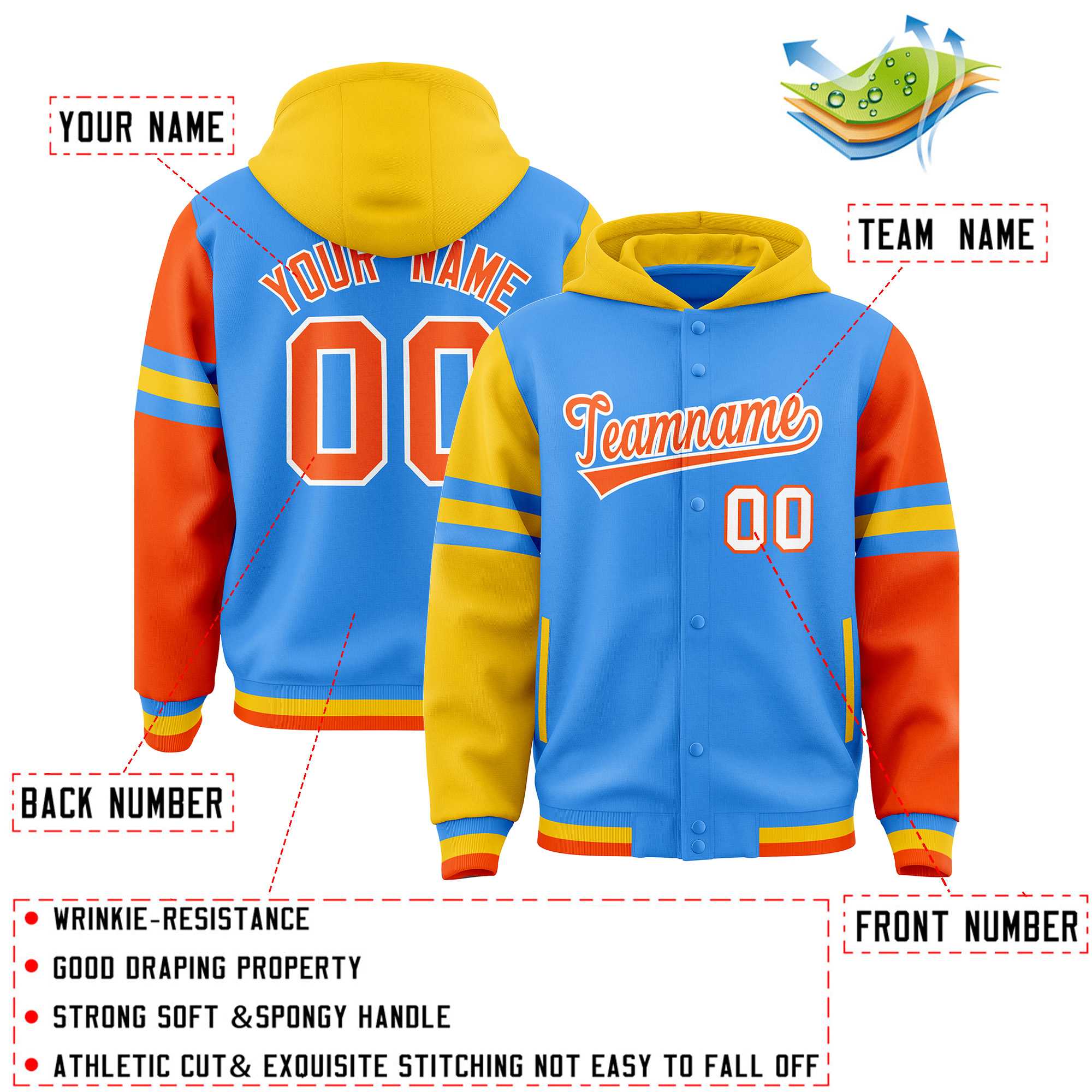 Custom Powder Blue Gold-Orange Raglan Sleeves Varsity Full-Snap Letterman Three Stripes Hoodie Jacket