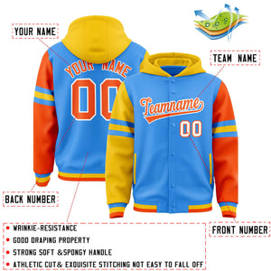 Custom Powder Blue Gold-Orange Raglan Sleeves Varsity Full-Snap Letterman Three Stripes Hoodie Jacket