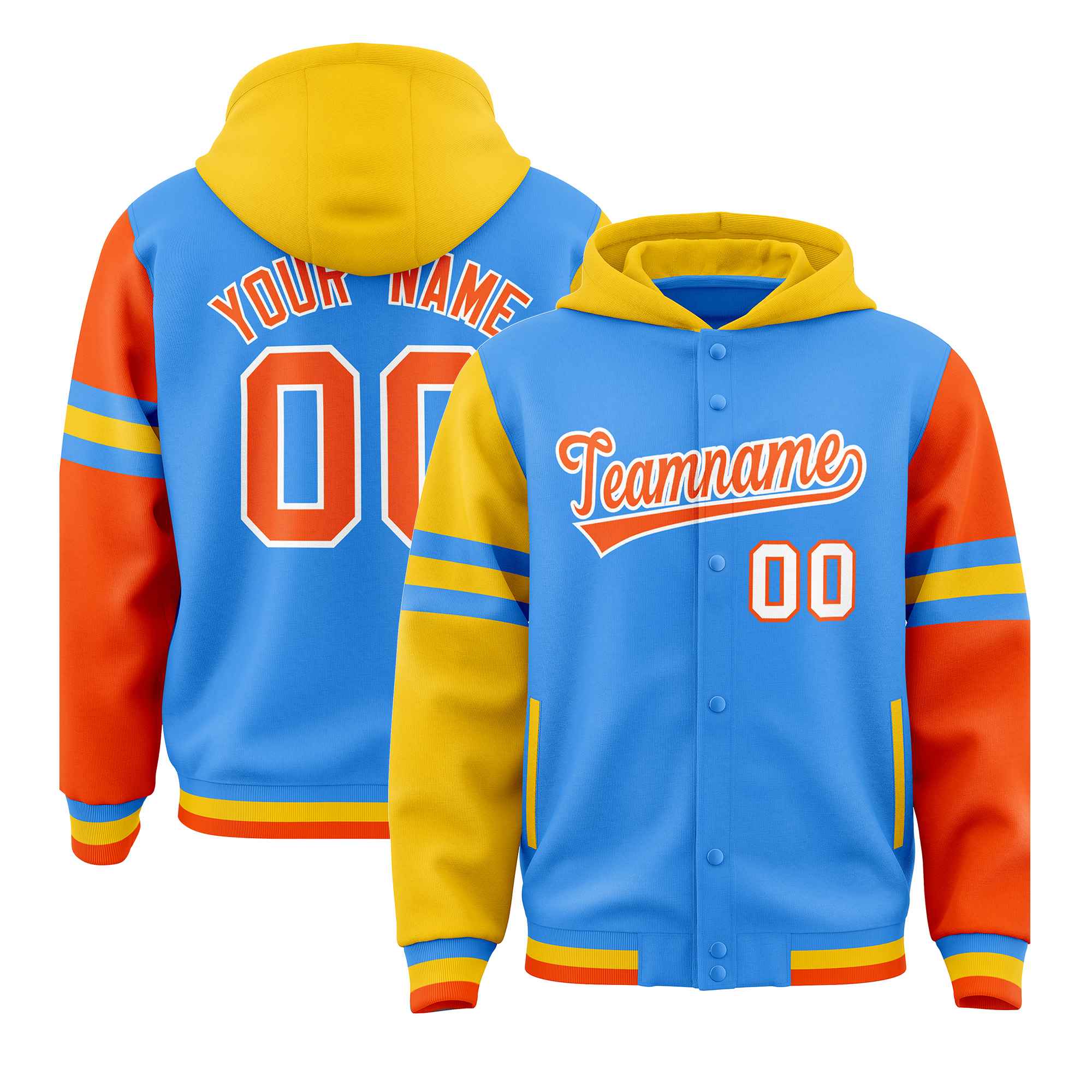 Custom Powder Blue Gold-Orange Raglan Sleeves Varsity Full-Snap Letterman Three Stripes Hoodie Jacket