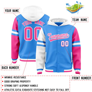 Custom Powder Blue White-Pink Raglan Sleeves Varsity Full-Snap Letterman Three Stripes Hoodie Jacket