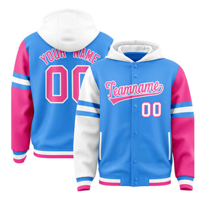 Custom Powder Blue White-Pink Raglan Sleeves Varsity Full-Snap Letterman Three Stripes Hoodie Jacket